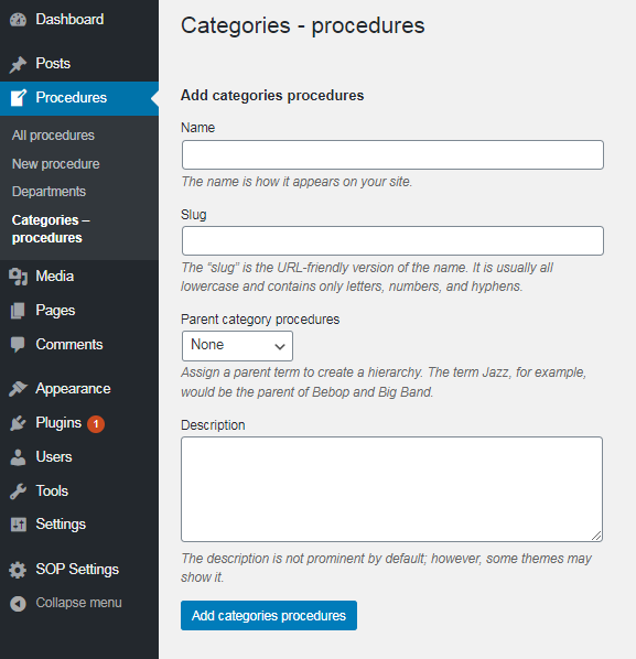 Creating categories – procedures – option 1